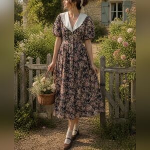 Vintage Michel Antoni Navy Floral Midi Dress White Collar Cottagecore Size 18